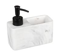 WENKO Distributeur de Produit Vaisselle Resa Marbre, Distributeur de Savon, visuel marbré avec Compartiment à éponge (Incluse), Rechargeable, contenance env. 150 ML, 14,5 x 14,3 x 6 cm, Blanc/Noir