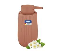 WENKO Distributeur de savon Mod Fablo en céramique à relief rainuré, pose libre, 400 ml, pompe pour salle de bain, WC invités ou cuisine, adapté au savon liquide et liquide vaisselle, marron mate