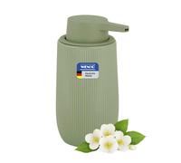 WENKO Distributeur de savon Mod Fablo en céramique à relief rainuré, pose libre, 400 ml, pompe pour salle de bain, WC invités ou cuisine, adapté au savon liquide et liquide vaisselle, vert mate