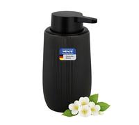WENKO Distributeur de savon Mod Fablo en céramique à relief rainuré, pose libre, 400 ml, pompe pour salle de bain, WC invités ou cuisine, adapté au savon liquide et liquide vaisselle, noir mate