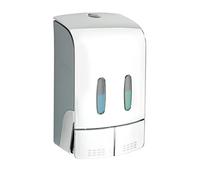 WENKO Distributeur de désinfectant et de savon à 2 chambres Tartas Chrome, distributeur mural hygiénique pour désinfectant, savon liquide etc. sans perçage, capacité par chambre : 480 ml, 14,5x24x9cm
