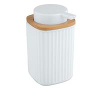WENKO Distributeur de savon Rotello, contenance 250 ml, rechargeable, en plastique avec décoration en bambou, convient également pour du liquide vaisselle, 8,9 x 12,7 x 7,5 cm, blanc/couleur naturelle
