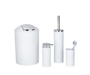 WENKO Ensemble accessoires de salle de bain, 4 pièces, CALVO | Kit contenant un Distributeur de Savon Liquide, Un porte brosse à dents, une brosse WC et une Poubelle 6,5L| Lot d'accessoires WC | Blanc