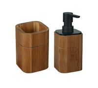 WENKO Ensemble Accessoires de Salle de Bain en Bambou SERRO | Distributeur de Savon 200mL + Porte-Brosse à Dents | Bois naturel