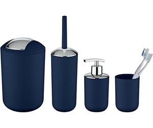 WENKO Ensemble Accessoires Salle de Bain Modèle Brasil 4 pièces | Poubelle Salle de Bain Distributeur de Savon Brosse WC gobelet | Plastique TPE 37 x 10 x 10 cm Bleu foncé