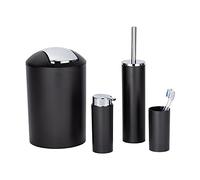 WENKO Ensemble de 4 Accessoires de Salle de Bain Calvo | Distributeur de Savon, gobelet, Brosse WC, Poubelle de Toilette | Noir et chromé en Plastique