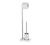 WENKO Ensemble WC 2en1 Noble White | Brosse WC à tête remplaçable et dérouleur Papier Toilette | Base Polyrésine Haute qualité Stable | Accessoires WC | DIM 20x74x15 cm | Chromé et Blanc