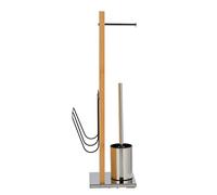 WENKO Ensemble WC sur pied Portofino avec porte-journaux, dérouleur de papier hygiénique et porte-brosse WC, en bambou véritable et acier inox, 24,5 x 68 x 22,5 cm, marron