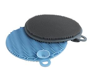 WENKO Éponge de lavable en silicone Soft, set de 2 éponges pour vaisselle sans rayures, éponge ménagère hygiénique adaptée au lave-vaisselle, Ø 12 x 1,2 cm chaque, gris & bleu
