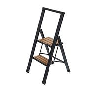 WENKO Escabeau 2 Marches en Aluminium | Marches antidéparantes | Echelle Pliante et Légère | Noir et Bambou | 44x94x5.5cm