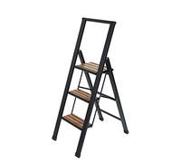 WENKO Escabeau 3 marches Design | Marches antidéparantes | Echelle légère et Pliante | Hauteur 75 centimètres|Ultra Fin| Aluminium | 44 x 127 x 5.5 cm | Noir et Bambou