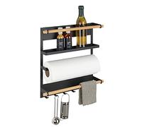 WENKO Etagère magnétique réfrigérateur Magna | avec étagère porte épice, dérouleur sopalin magnétique et crochets suspension ustensiles de cuisine | métal - bambou | 33x34x8 cm | noir