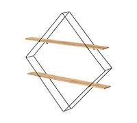 WENKO Étagère murale Geo, étagère angulaire, cadre en métal verni noir en forme de losange, avec 2 rayons en bois de pin naturel, design industriel, 56 x 56 x 10 cm, noir/marron