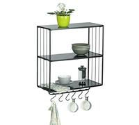 WENKO Etagère Murale Industrielle Cuisine métal Noire | 3 étagères murales avec Barre de crédence et Crochets de Suspension pour Les ustensiles de Cuisine | Métal | 50x50x23 cm | Noir
