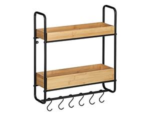 WENKO Etagère Murale Industrielle Loft, étagère Murale Bois Acier Noir, étagère Murale pour Chambre, Cuisine & Salle de Bain 2 Plateaux avec Crochet de Suspension Cuisine, 48x52x15 cm