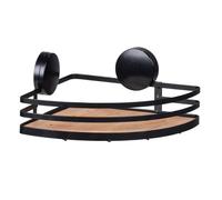 WENKO Étagère Salle de Bain d'angle de Douche Static-Loc® Plus Alba | Etagère Murale de Salle de Bains | Fixation sans perçage | Acier laqué et Bambou Durable | 27,3 x 21 x 10,8 cm | Noir et Bois