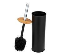WENKO Garniture WC Tortona, brosse WC fermée en acier, combinée avec du bambou, Ø 9,5 x 38,5 cm, noir