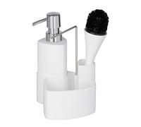 WENKO Kit Vaisselle Empire, 4 en 1 - Distributeur de Liquide Vaisselle, Brosse, Support à torchon & Organiseur, céramique Haut de Gamme avec Surface Douce, contenance 250ml, 11 x 19 x 12,5 cm, Blanc
