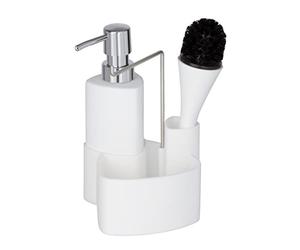 WENKO Kit Vaisselle Empire, 4 en 1 - Distributeur de Liquide Vaisselle, Brosse, Support à torchon & Organiseur, céramique Haut de Gamme avec Surface Douce, contenance 250ml, 11 x 19 x 12,5 cm, Blanc