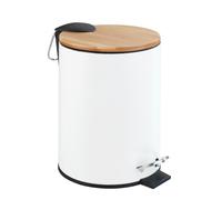 WENKO Petite Poubelle Salle de Bain Tortona, Poubelle Salle de Bain à pédale avec Frein de Chute Easy Close, Capacité 3L, Acier - Bambou, 7x23,5x21 cm, Blanc - Marron