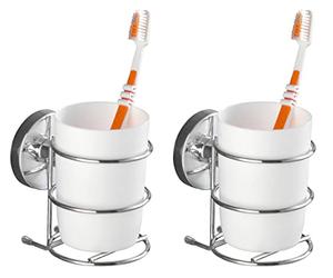 WENKO Lot de 2 gobelets Porte brosses à Dents Milazzo | Système de Fixation Vaccum-Loc® sans perçage et repositionnable sans Trace Inclus | Supporte jusqu'à 33kg de Charge | 7,5x11,5x9,5 cm | Argent