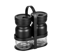 WENKO Ménagère à épices Melli, 3 pièces, 2 saupoudreuses et 1 support, pour épices à grains fins et grossiers, récipients en verre, couvercle et support en métal thermolaqué, transparent/noir