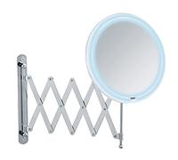 WENKO Miroir Maquillage LED Mural Barona, avec Bras télescopique, Miroir grossissant x5, Ø 20 cm, Acier - Plastique, 20x34x55 cm, Chromé