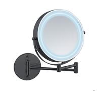 WENKO Miroir Mural Grossissant x5 Éclairage LED LUMI | Miroir de Maquillage Rond | Montage sans perçage | Noir| 25,5x32x4-35 cm