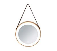 WENKO Miroir rond Usini, miroir mural, miroir LED, style industriel, Ø 20,5 x 2,6 cm, sangle en similicuir et miroir en bois bambou