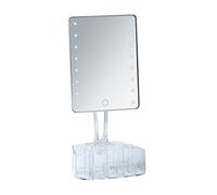 WENKO Miroir sur pied à DEL avec organiseur Trenno, miroir cosmétique avec éclairage par DEL, miroir de maquillage pivotant et rotatif en continu, pour un maquillage et un rasage parfaits, fonction tactile pour une luminosité gradable, fonctionne sur piles, 17 x 36 x 12,5 cm