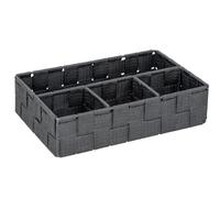 WENKO Organiseur de Salle De Bain Adria, Boîte De Rangement Tendance Avec 4 Compartiments, Plastique Tissé, 100% Polypropylène, Dimensions : 26 x 6.5 x 17 cm, Couleur : Gris Foncé