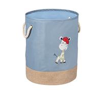 WENKO Panier à linge Kids Gerry bleu, sac à linge rond pour enfants, bleu gris avec jolis motifs de girafes et deux anses en coton, contenance 63 litres en un seul compartiment, Ø 40 x 50 cm