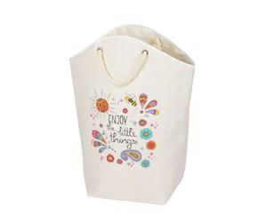 WENKO Panier à linge Rollin'Art Little Things, capacité 58 litres, panier à linge crème avec motif Enjoy the little things et 2 poignées tressées en corde de coton, facile d'entretien, 53 x 60 x 25 cm