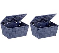 WENKO Panier de rangement Adria avec couvercle bleu foncé - Panier de salle de bain, Polypropylène, 19 x 10 x 14 cm, Bleu foncé (Lot de 2)