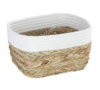 WENKO Panier de Rangement Rika M, Corbeille décorative pour Accessoires, en Fibres Naturelles tressées, ornée d'un Tissu en Coton, 80% de Fibres Naturelles, 20% de Coton, 18 x 25 x 15 cm, Brun/Blanc