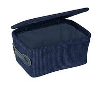WENKO Panier de salle de bain Anela à couvercle, panier de rangement en velours côtelé, poignée en similicuir, ranger les accessoires de la salle de bain, 100 % polyester, 19 x 10 x 14 cm, bleu foncé