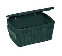 WENKO Panier de salle de bain Anela à couvercle, panier de rangement en velours côtelé, ranger les accessoires de la salle de bain, 100% polyester, poignée en similicuir, 19 x 10 x 14 cm, vert foncé