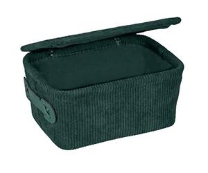WENKO Panier de salle de bain Anela à couvercle, panier de rangement en velours côtelé, ranger les accessoires de la salle de bain, 100% polyester, poignée en similicuir, 19 x 10 x 14 cm, vert foncé