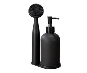 WENKO Piedo Ensemble Vaisselle 3 pièces avec Distributeur de Liquide Vaisselle 400 ML en Verre Rechargeable, Brosse à Vaisselle et Support en polyrésine, Dimensions (l x H x P) : 12,5 x 9 x 25 cm