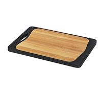 WENKO Planche à découper combi, antidérapante avec un côté en plastique antibactérien pour viande & poisson et un côté en bambou & plastique, poignée & sillon à jus, 33 x 23 cm, noir/couleur naturelle