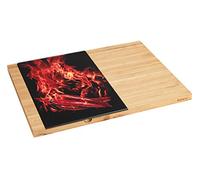 WENKO Planche à découper et Plateau de Service Flames - Planche de Cuisine, Planche à découper avec Plaque en Verre Amovible, Bambou, 38 x 1.6 x 28 cm, Marron