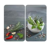 WENKO Plaque de Recouvrement Universelle Mod Cuisine aux Herbs, réglable en hauteur pour tout type de cuisinière, planche à découper et protection anti-éclaboussures, verre, 30 x 52 cm, 2 pièces