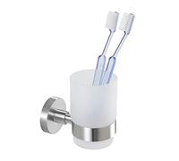 WENKO Porte-Brosse à Dents Mural Uno Mod. Bosio | Porte-gobelet Salle de Bain en INOX avec Verre à Dents satiné | Inclus vis et Chevilles | DIM (l x h x p) 7 x 9,5 x 10,5 cm | Métal INOX Mat