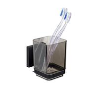 WENKO Porte-Brosse à Dents sans perçage | Support Mural Vacuum-Loc Quadro Noir en INOX | Gobelet à Brosse à Dents en Plastique Transparent | DIM (l x h x p) 7,5 x 10 x 10 cm | Noir élégant