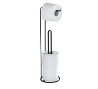 WENKO Porte-papier toilette 2 en 1 Mod. Lugano | Support rouleau papier toilette sur pied en métal noir | Design industriel pour salle de bain | DIM (Ø x h) 15,5 x 54 cm | Acier noir