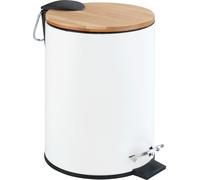 WENKO Petite Poubelle Salle de Bain Tortona, Poubelle Salle de Bain à pédale avec Frein de Chute Easy Close, Capacité 3L, Acier - Bambou, 7x23,5x21 cm, Blanc - Marron