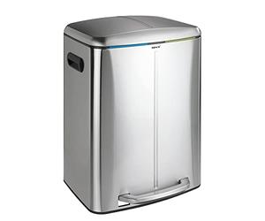 WENKO Poubelle Easy Close Primo acier inox - Poubelle avec système d'abaissement automatique, anti-empreintes de doigts, Acier inoxydable, 45 x 60 x 42 cm, Satiné