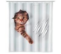 WENKO Rideau de Douche Cute Cat - Lavable, Hydrofuge avec 12 Anneaux pour Rideau de Douche, Polyester, 180 x 200 cm, Multicolore