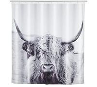 WENKO Rideau de douche Yak, rideau textile hygiénique, lavable, hydrofuge & d'entretien facile, avec 12 anneaux pour la fixation sur la barre de douche, 180 x 200 cm, blanc/noir