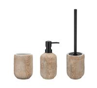 WENKO Set Accessoires Salle de Bain FLORIO 3 Pièces | Céramique Effet Bois | Distributeur Savon 400mL + Gobelet + Brosse WC | Beige
